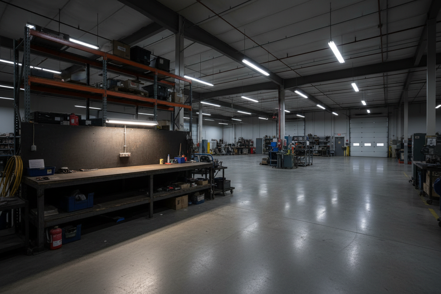 Commercial warehouse lighting with bright floor but dim work surface on a bench and racks
