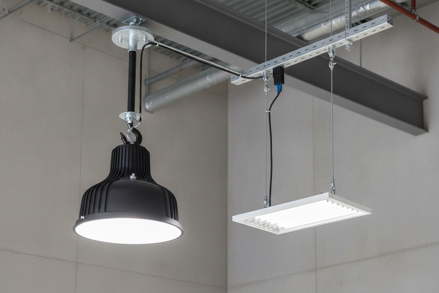 Commercial lighting mounting comparison with two suspended fixture attachment methods shown side by side for review