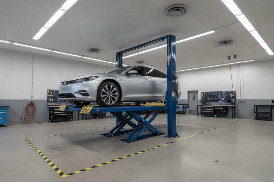 Garage lighting layout around a vehicle lift with a car raised, showing overhead lights, side shadows, and inspection areas in a workshop