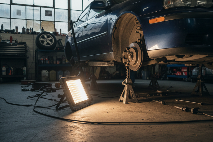 Portable work light used under a car in a garage, lighting the underside and wheel area