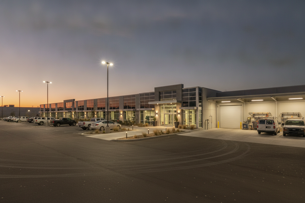 Commercial building exterior with outdoor lights arranged by zone for entrances, parking, walkways, and service areas