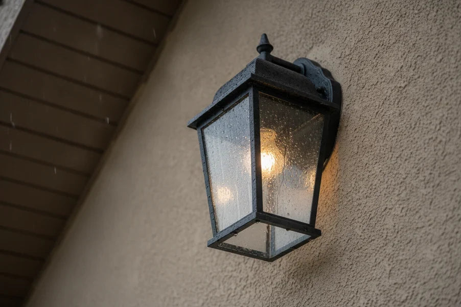 Outdoor fixture with visible condensation and flicker during a cold, damp weather change