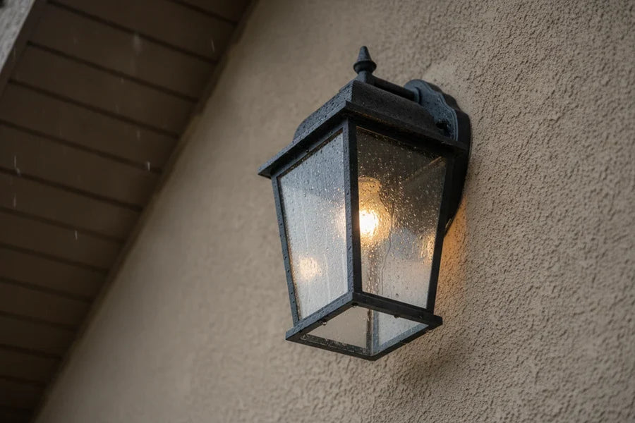 Outdoor fixture with visible condensation and flicker during a cold, damp weather change