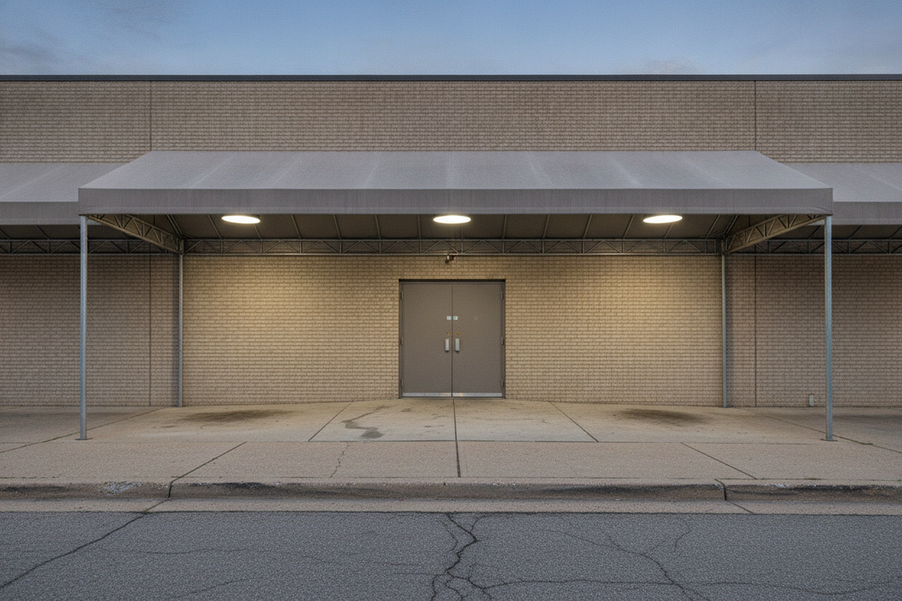 Commercial entrance canopy at a small business with the threshold, approach path, and service door clearly visible under covered lighting
