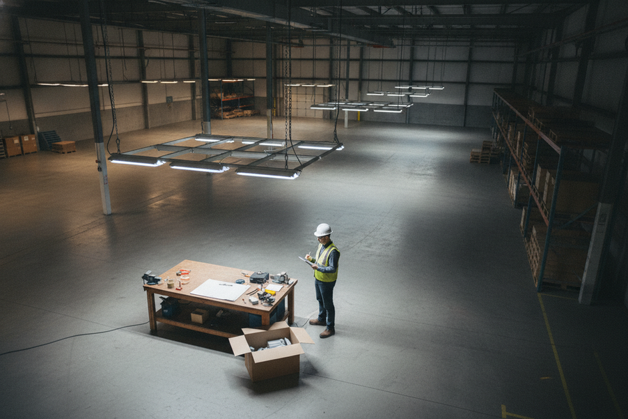 Commercial lighting pilot in a warehouse with bright overhead fixtures, a worker checking task visibility at a workbench, and a scorecard clipboard nearby