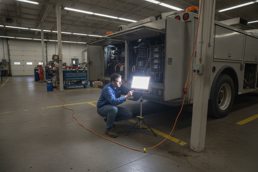 Maintenance crew using a portable work light beside a vehicle or equipment bay during repair
