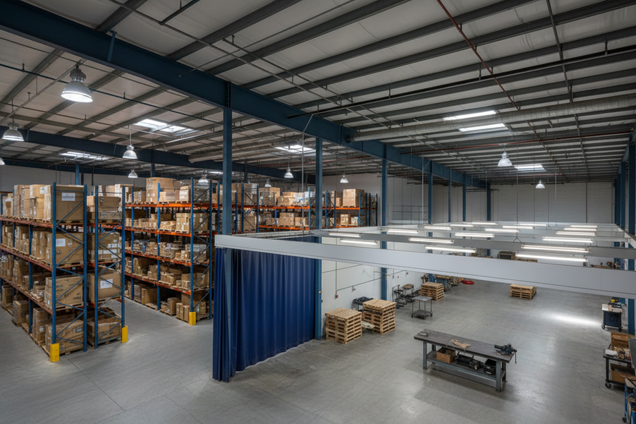 Mixed-height warehouse interior with separate tall storage and lower work areas, showing distinct lighting zones