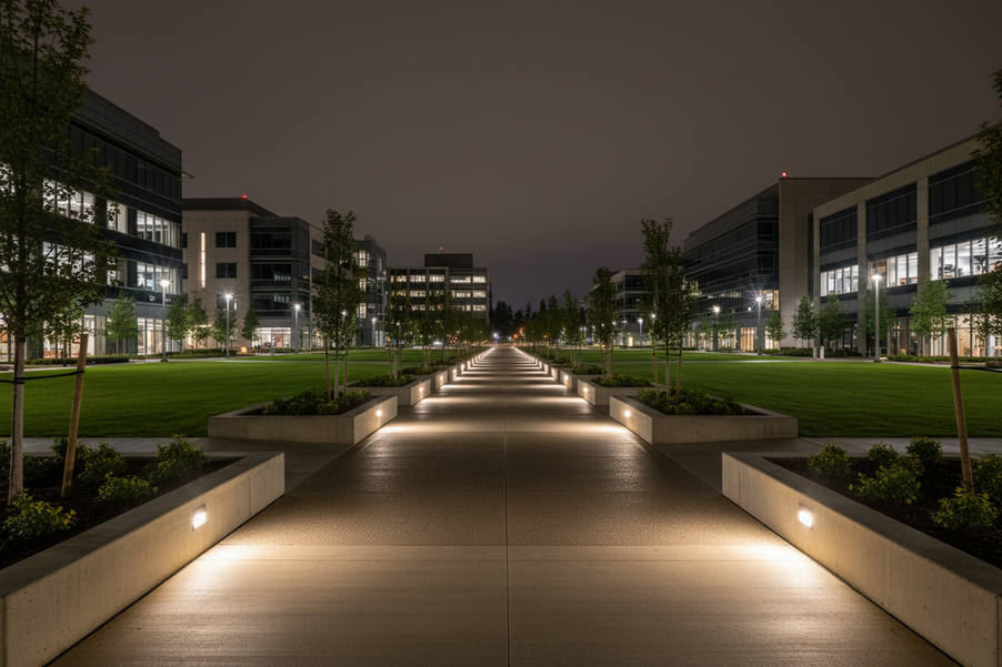 Commercial walkway at night with low path lights defining both edges of a narrow route