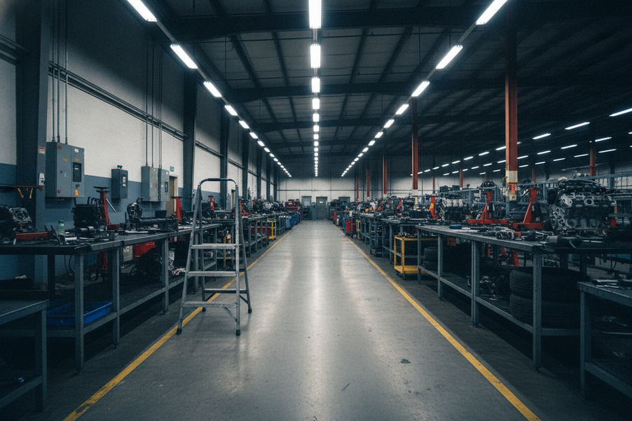 Linear high bay lights in a long industrial aisle with continuous overhead coverage over a row of workstations