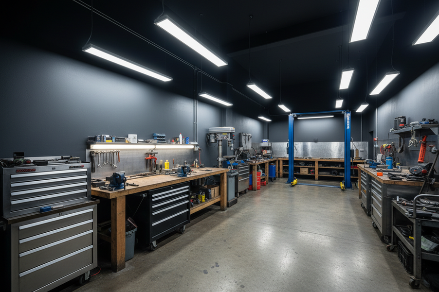 Workshop with dark walls and reflective metal equipment lit by overhead LED fixtures, showing a bright work zone and visible glare control