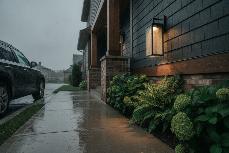 Waterproof outdoor light mounted outdoors in rain, with visible moisture and a realistic residential exterior setting