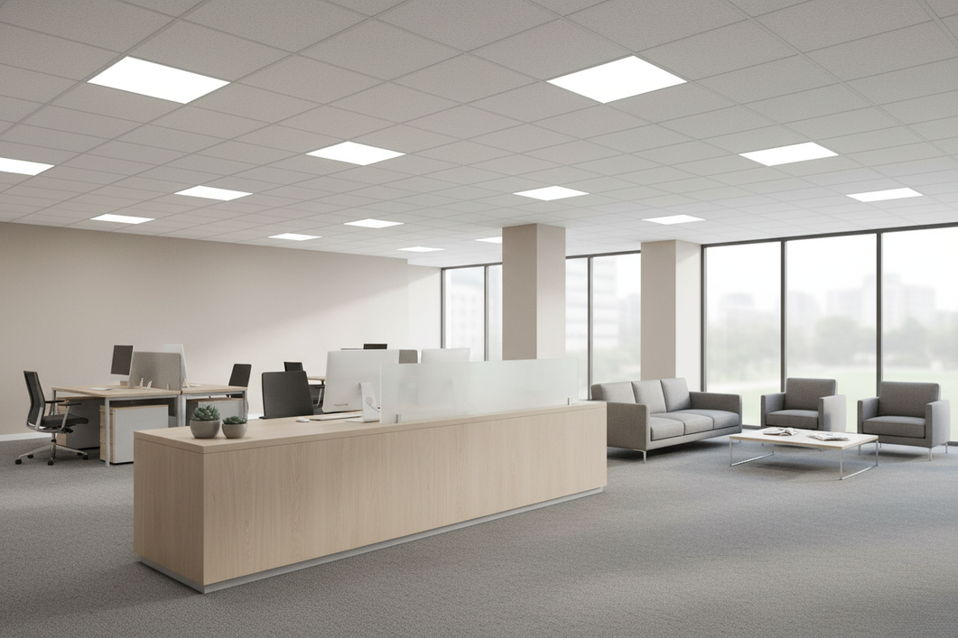 Commercial office ceiling with panel lighting above a small reception-style work area