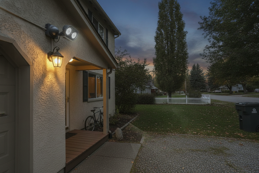 Outdoor motion light mounted on an exterior wall at dusk with a visible sensor area and surrounding yard lighting context