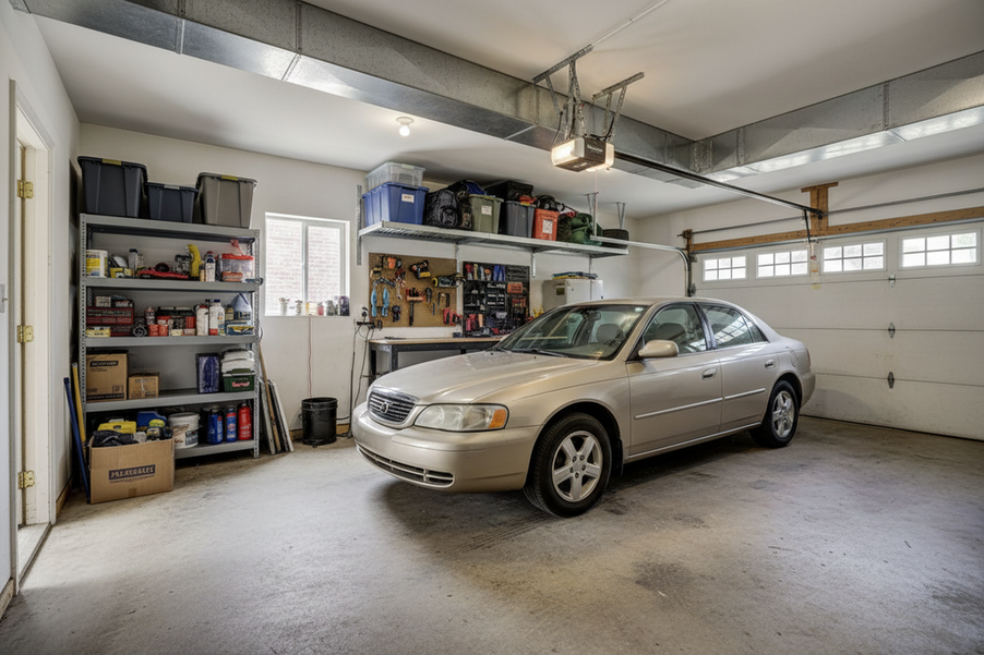 Garage interior with ceiling storage, ducts, a parked vehicle, shelving, and a clear walking path being assessed for lighting placement