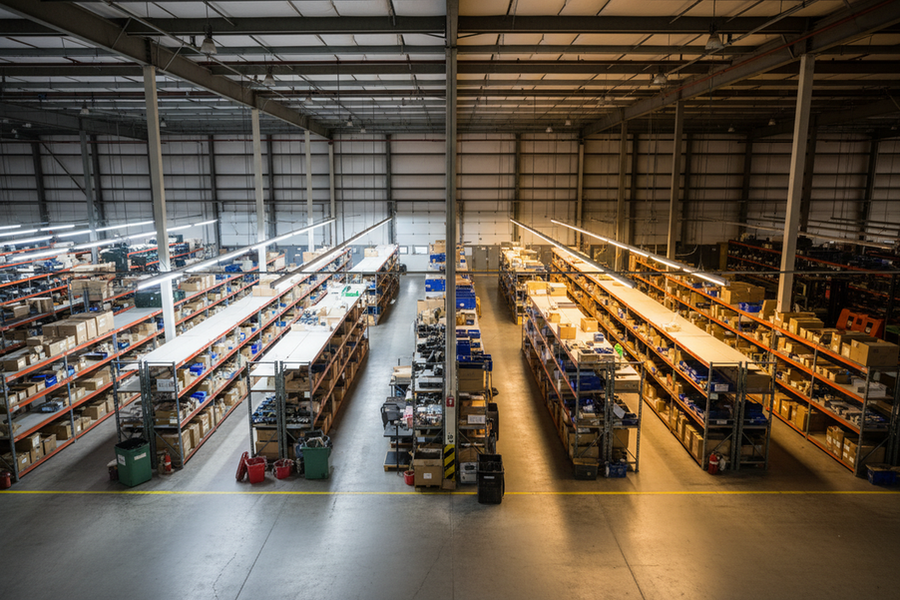 Bounded commercial lighting pilot zone in a working facility, with a test area visibly compared with surrounding existing lighting