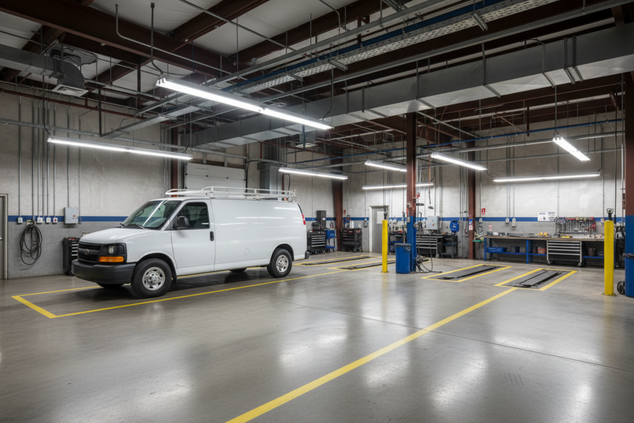 Low-clearance commercial service bay with overhead lighting fixtures positioned above vehicle and work areas
