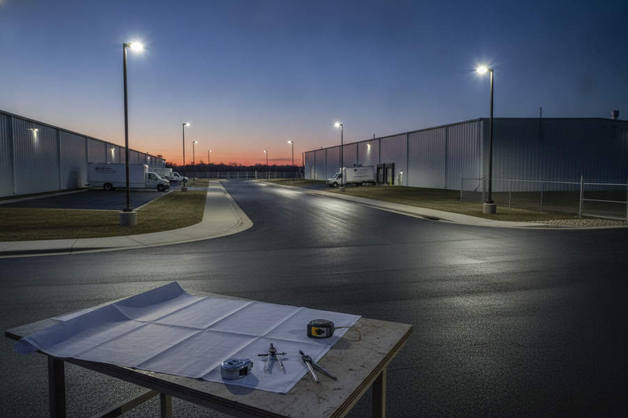 Commercial driveway at dusk with distributed outdoor lighting zones visible along the route and a site plan in the foreground