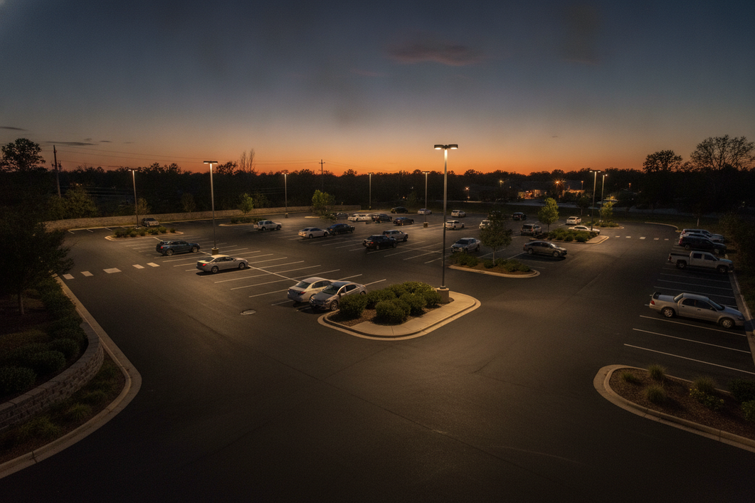 Irregular parking lot at dusk with strategically placed light poles illuminating separate coverage areas while controlling light near the property edge