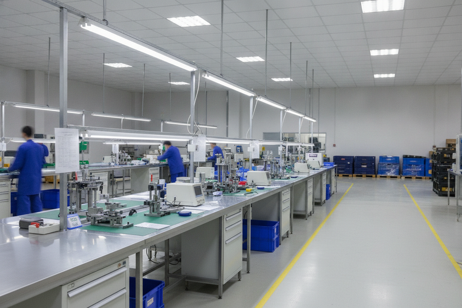 Wide documentary view of a small manufacturing inspection area with overhead lighting, workstations, and clear visibility across the production space
