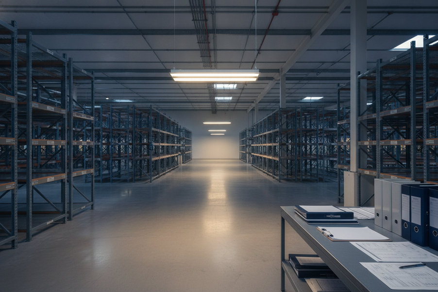 Commercial lighting fixture and organized verification documents in a warehouse setting