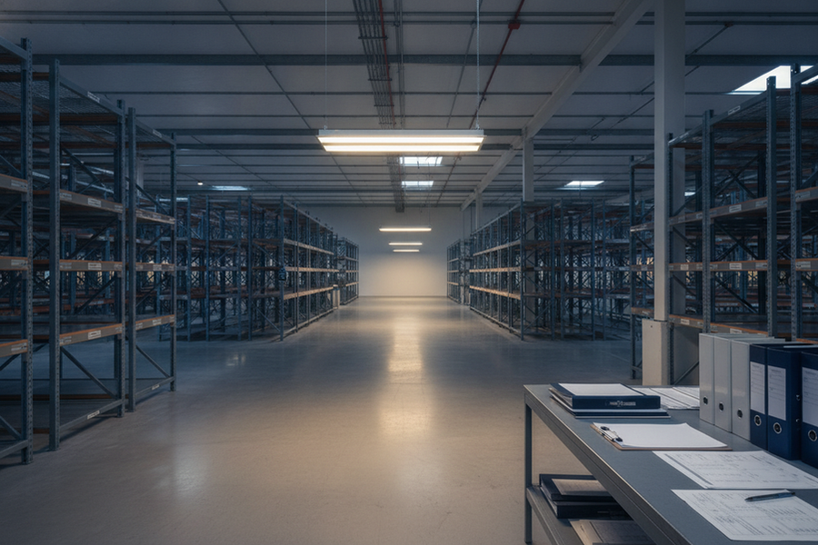 Commercial lighting fixture and organized verification documents in a warehouse setting