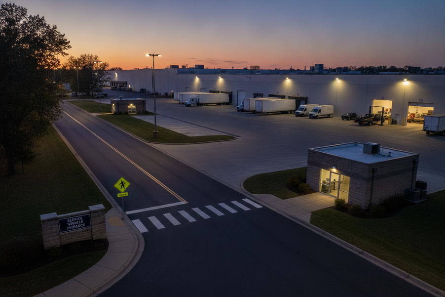 Long commercial service drive connecting a public entrance to a loading and repair area at dusk, with even, controlled outdoor lighting across distinct route zones.