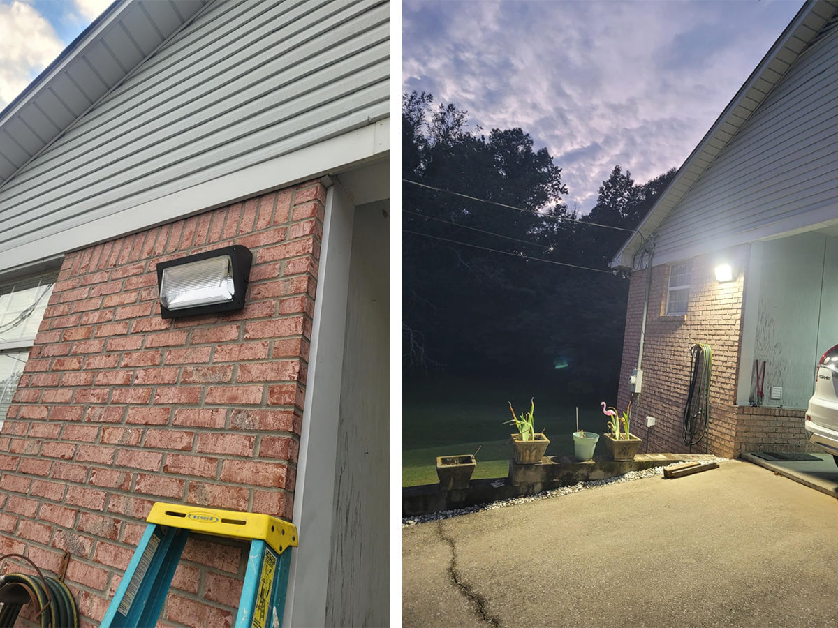 Before-and-after comparison of a heavy-duty LED wall pack fixture mounted on a residential brick wall, showcasing its bright, continuous dusk-to-dawn illumination over a driveway at night.