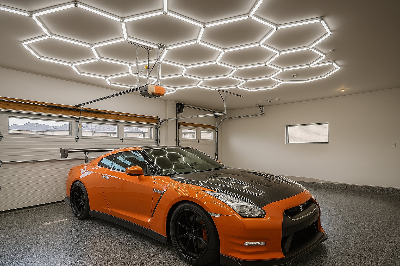 A bright orange Nissan GT-R parked in a clean, professional-looking residential garage featuring a massive, ultra-bright hexagon LED lighting grid installed on the smooth white ceiling.