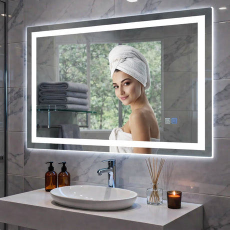 Large front-lit led bathroom mirror with a bright frosted perimeter providing professional-grade illumination for makeup application and skincare routines.