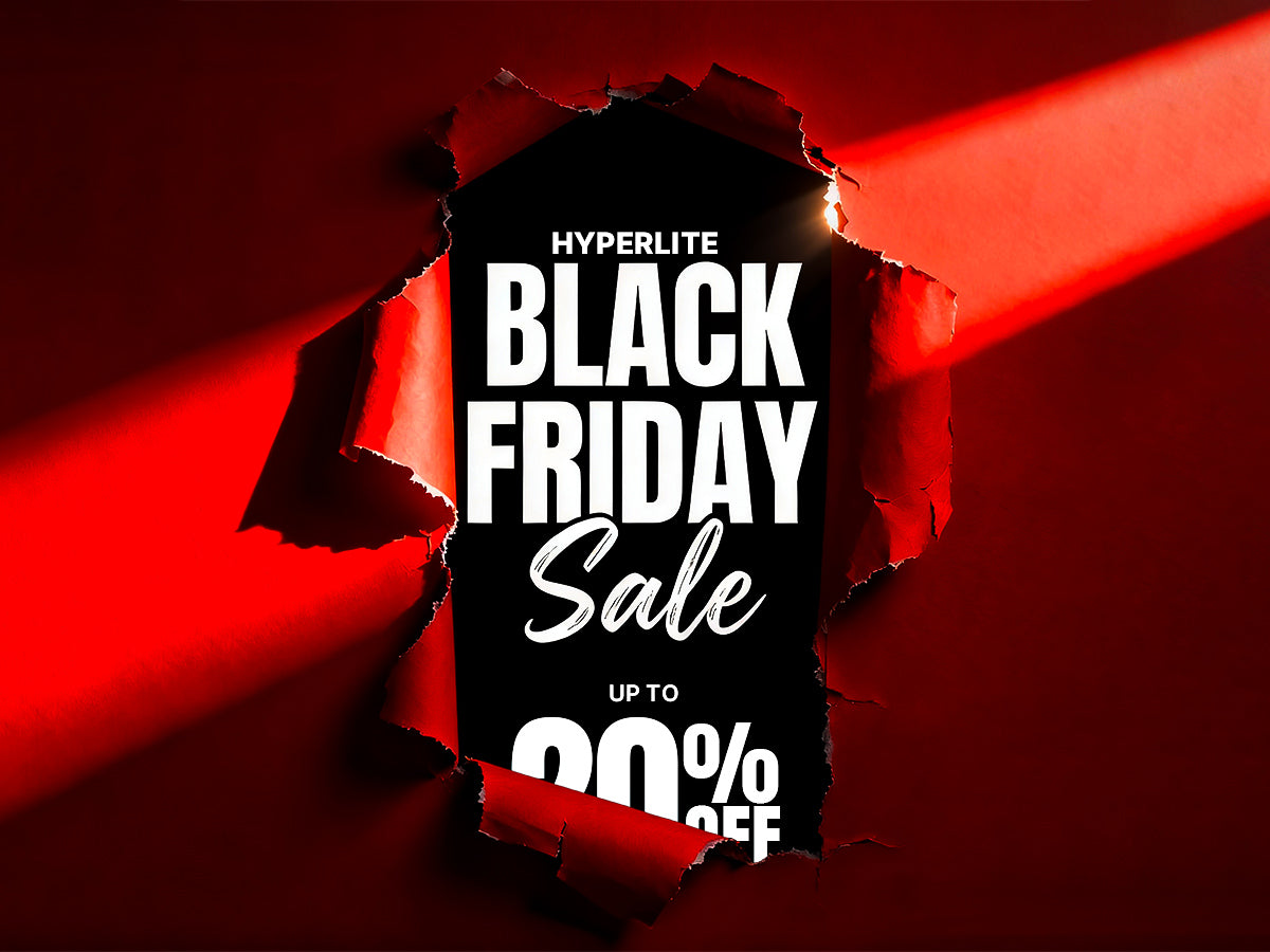 Hyperlite Black Friday Sale: up to 20% off, revealed through a torn red paper effect with dramatic lighting.