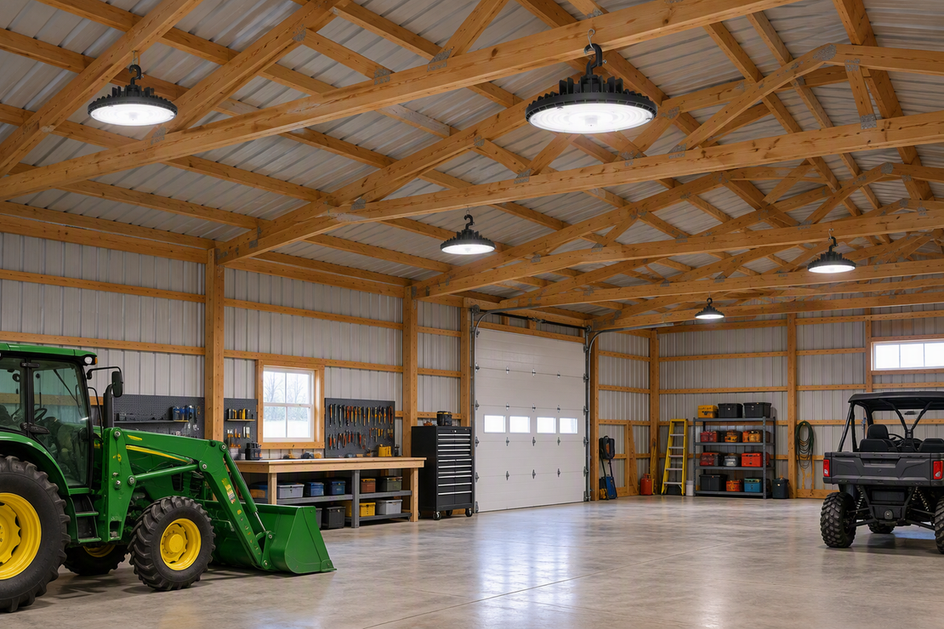 Black circular high-bay LED fixture suspended in a spacious pole barn with exposed roof framing and evenly lit work areas below.