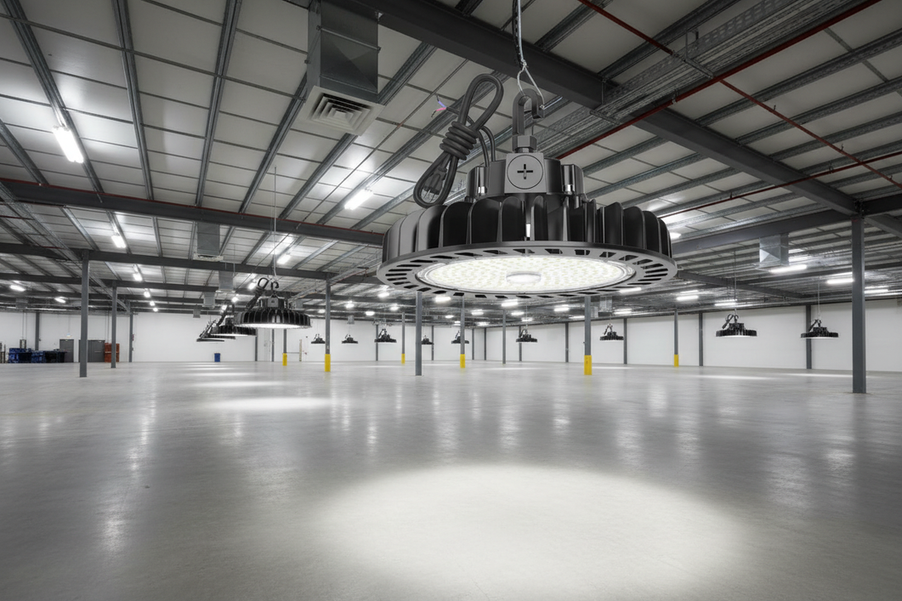 Commercial high-bay light shown in a warehouse aisle as a replacement-planning example