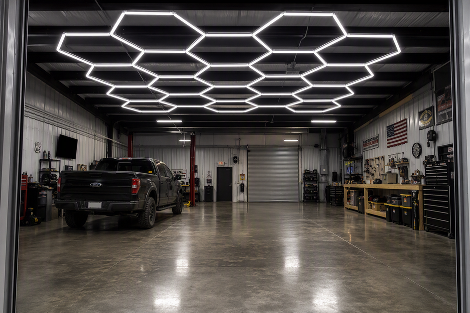 Hexagon garage lights illuminating a large garage with a vehicle, workbench, and clear walking routes.