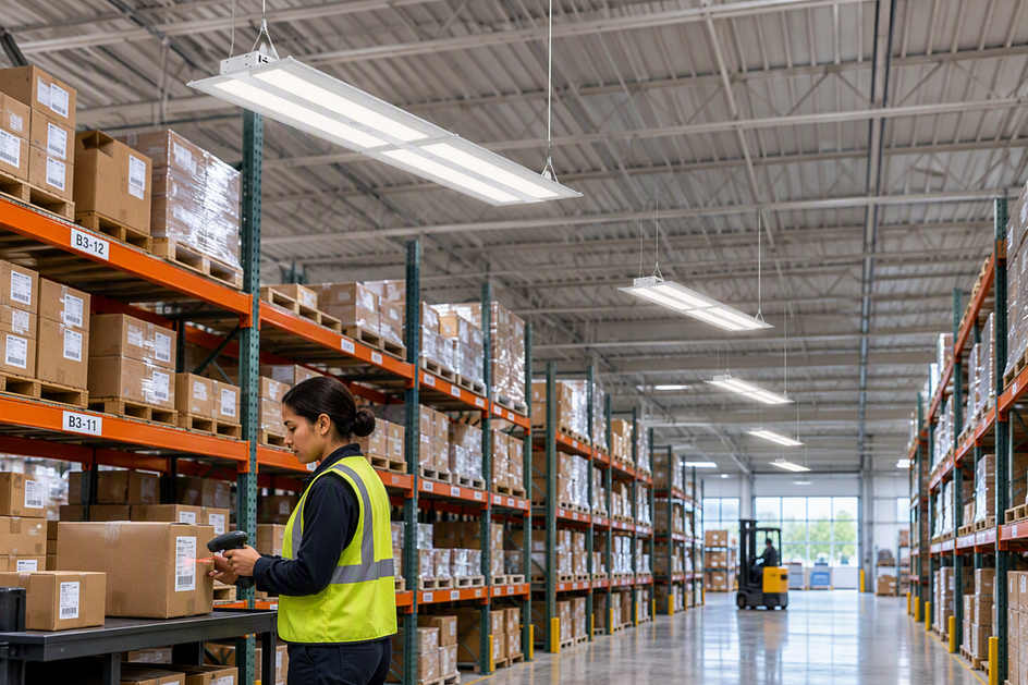 Suspended linear high-bay fixtures lighting warehouse picking aisles where a worker scans package barcodes