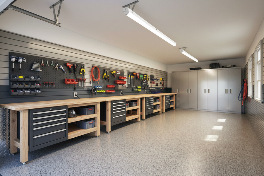 An 8-foot LED shop light illuminating a long, organized workshop with a continuous ceiling run and clearly separated work areas