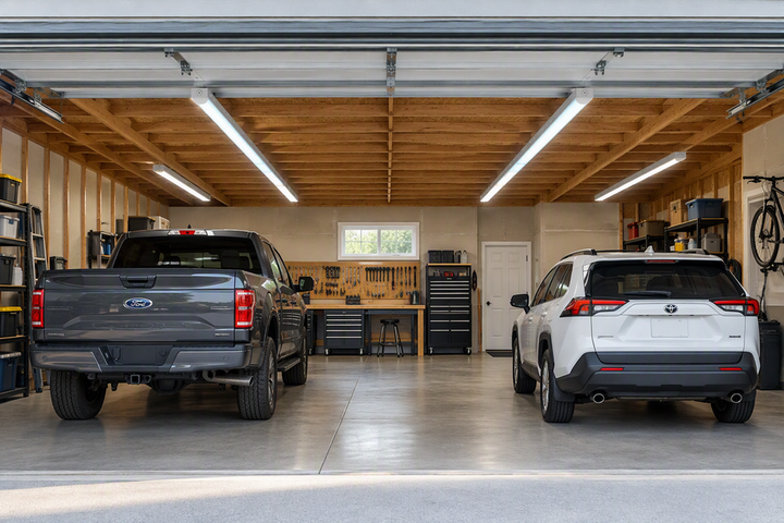 8-Foot LED Fixture Layout for Deep Two-Car Garages