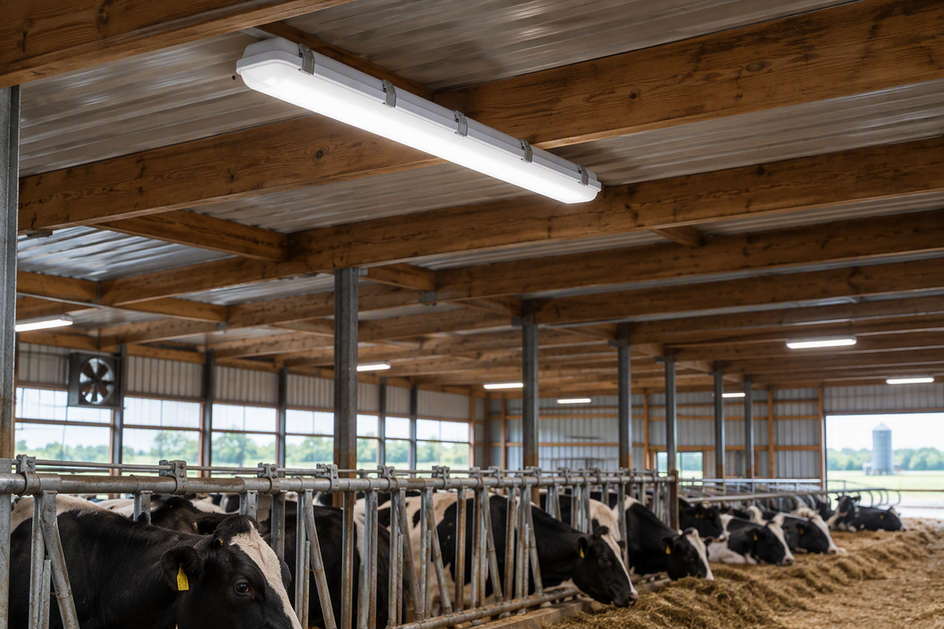 Vapor-tight LED fixture mounted high in a livestock barn, illuminating an enclosed animal housing area below