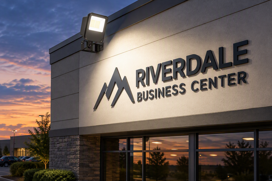 Commercial LED floodlight illuminating a building facade and sign area at dusk