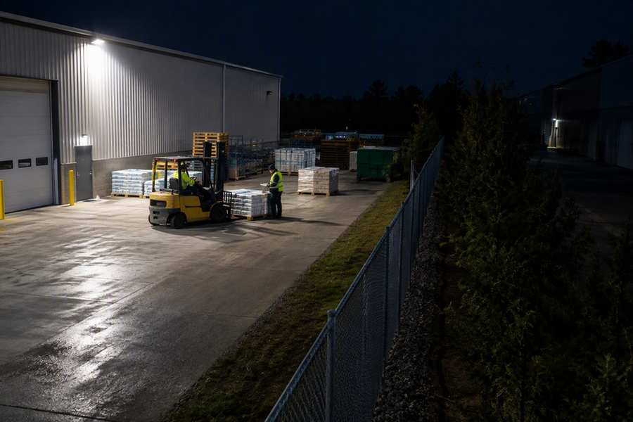 Commercial floodlight illuminating a work yard while the property boundary and neighboring side remain dark.