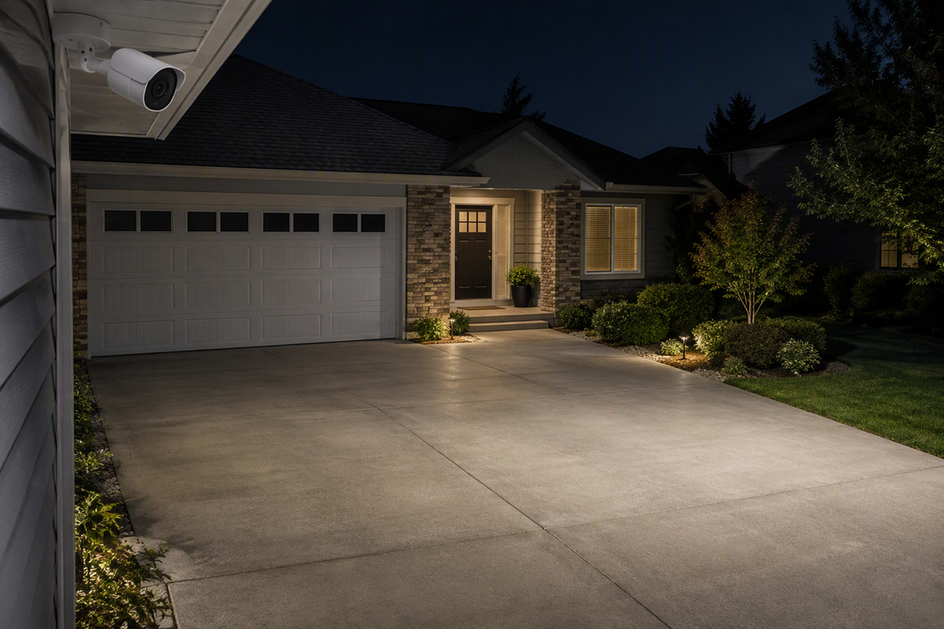 A security camera overlooks a home driveway at night while controlled lighting evenly illuminates the entry area without a bright glare point in the camera's view.