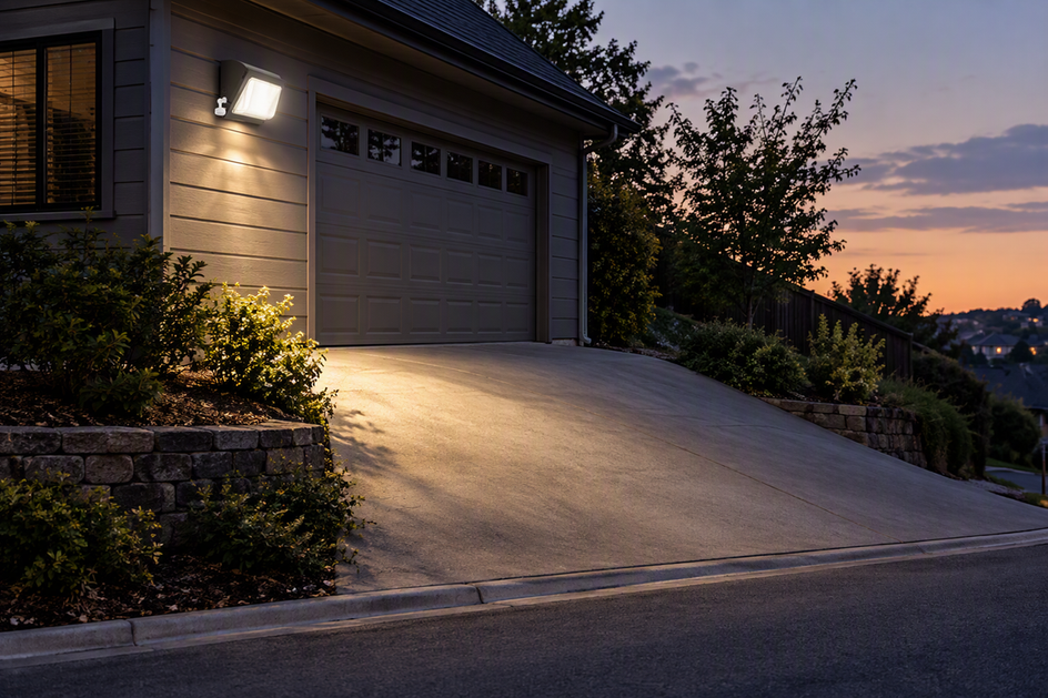 Motion-activated wall pack light mounted on a home exterior beside a sloped driveway at dusk, illuminating the main approach area while the roadway edge remains outside the brightest zone.