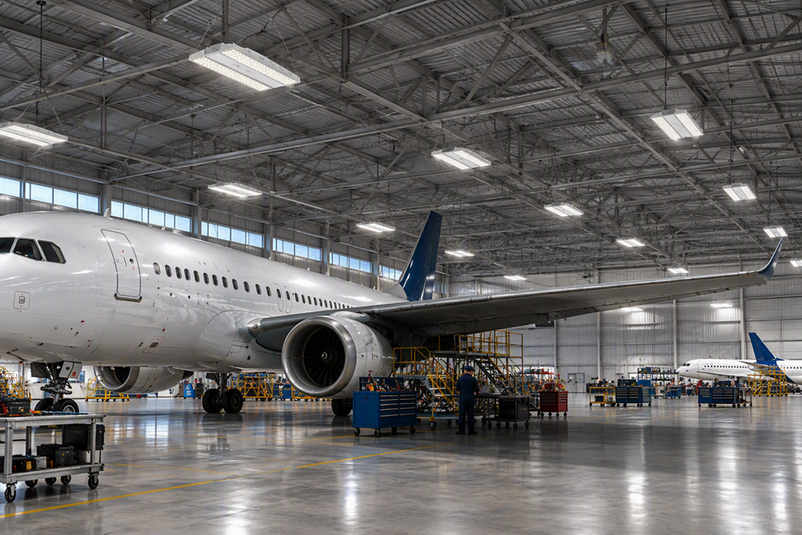 Linear high-bay fixtures illuminate an aircraft hangar while an aircraft wing creates a darker underside work area.