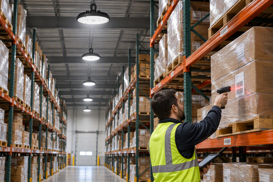 High-bay LED fixtures illuminate a warehouse racking aisle while an operator scans pallet labels.