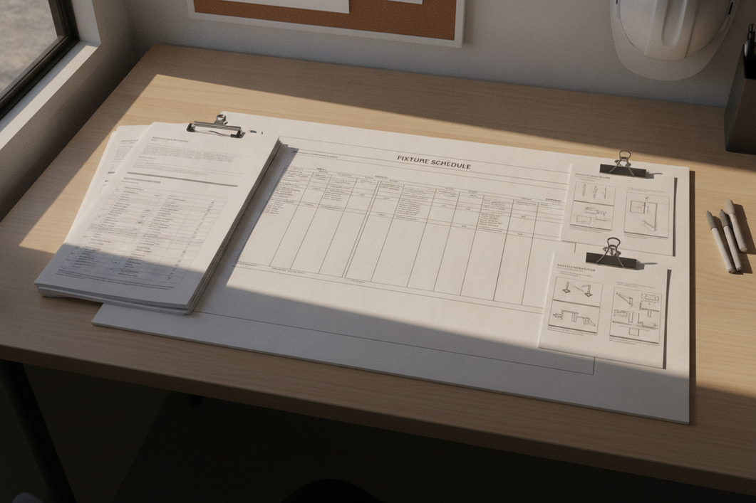 Commercial lighting submittal package with fixture schedule, cut sheets, and review notes laid out for comparison on a desk