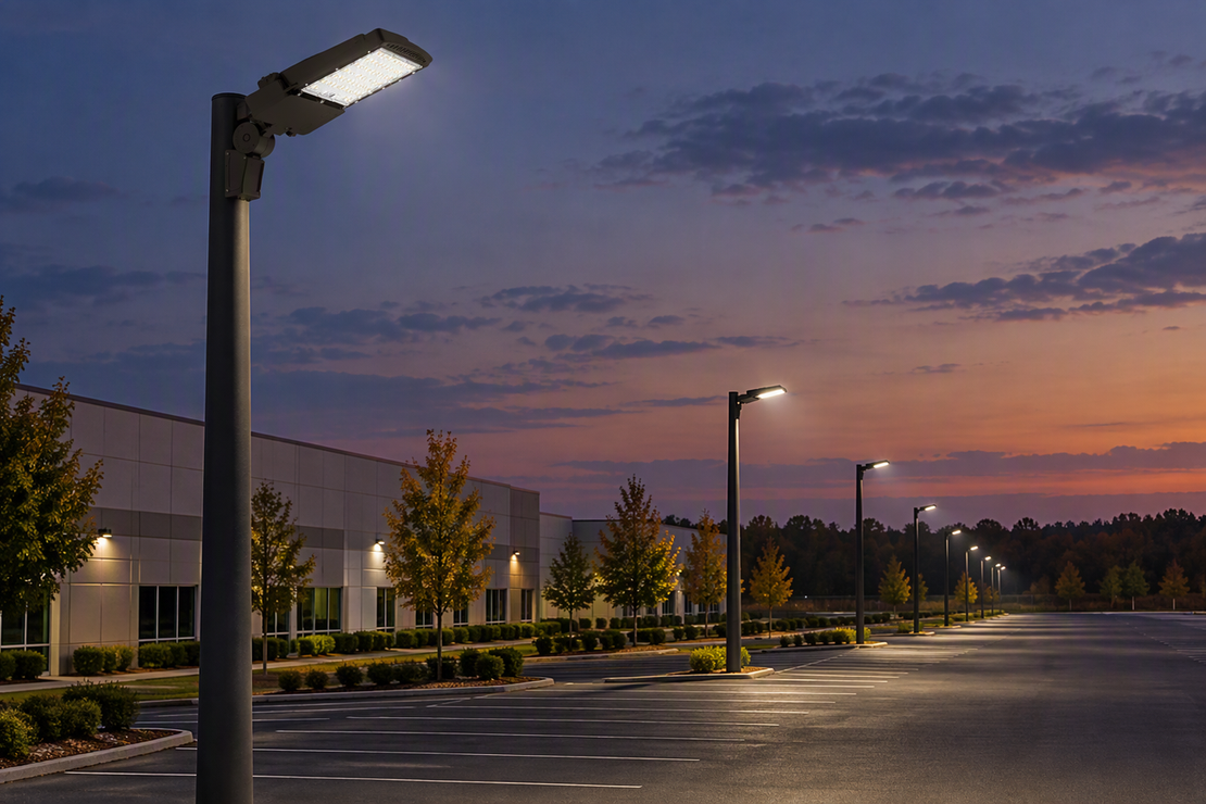 Pole-mounted exterior LED fixture illuminating a long outdoor parking area at dusk, with additional lights receding into the distance.