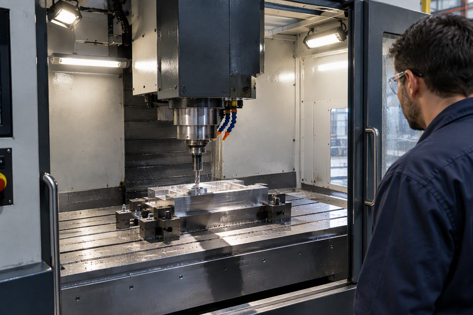 CNC machining bay with layered overhead and side lighting illuminating the milling bed while the tool holder leaves a partial shadow