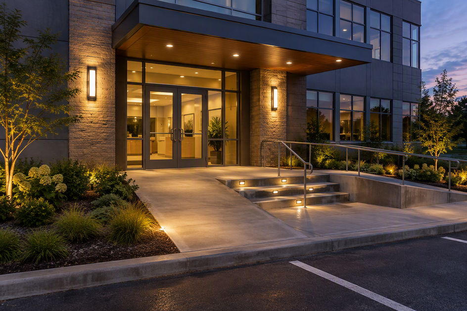 Commercial building entrance with coordinated facade, canopy, and step lighting along the approach