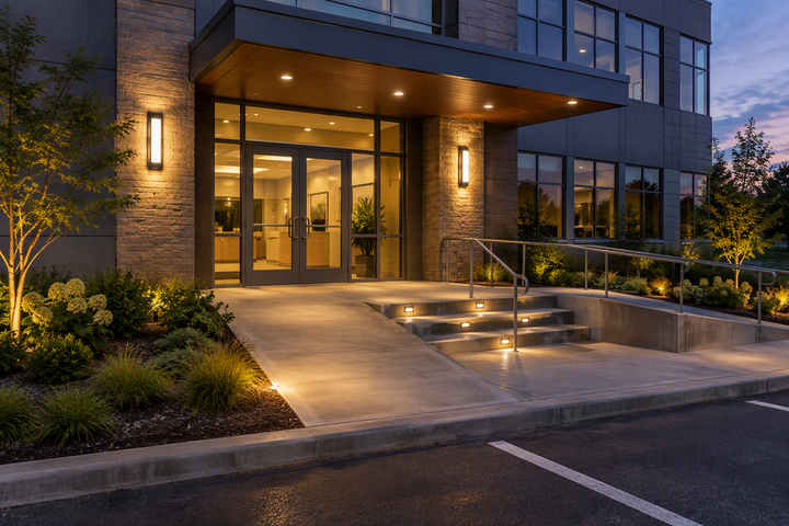 Commercial Building Entryway Lighting Design: Sconces, Downlights, and Step Lighting