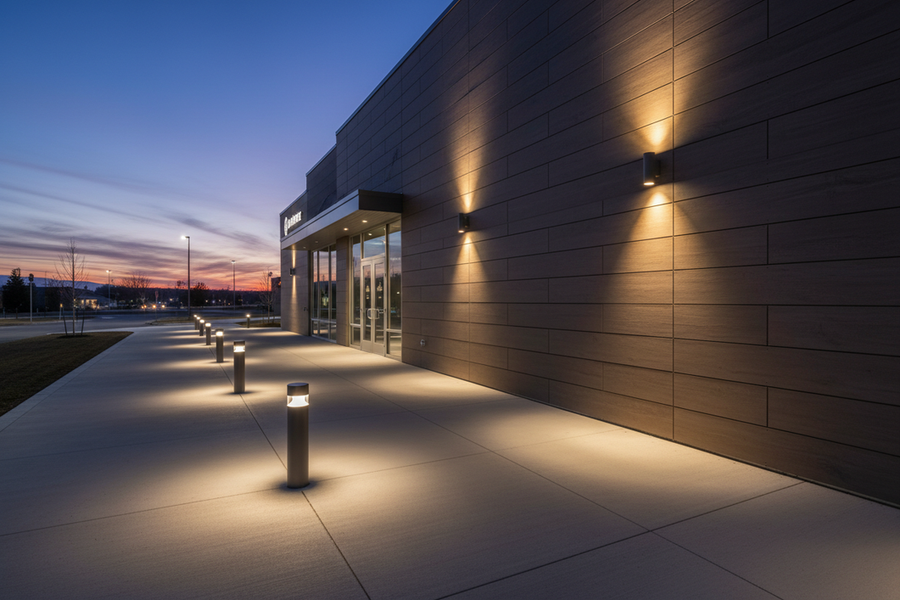 Commercial walkway showing bollard lights along an open path and wall-mounted lights covering the building edge