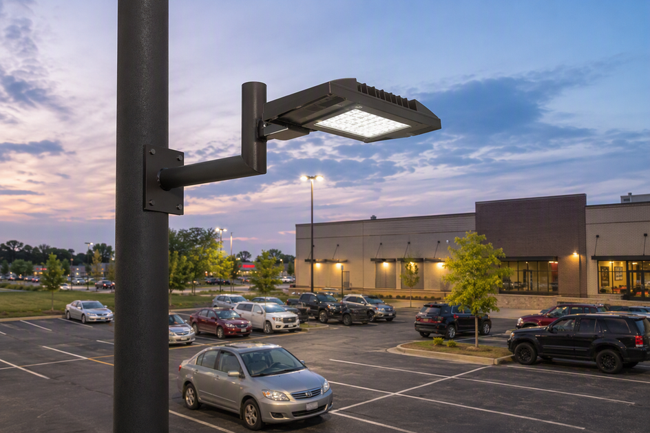 Slip-fitter mounting bracket supporting an LED parking lot light on a commercial pole